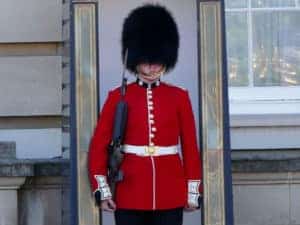 Buckingham Palace Wache mit Fellmütze verzieht keine Miene Buckingham-Palace-Wache-Bild-004